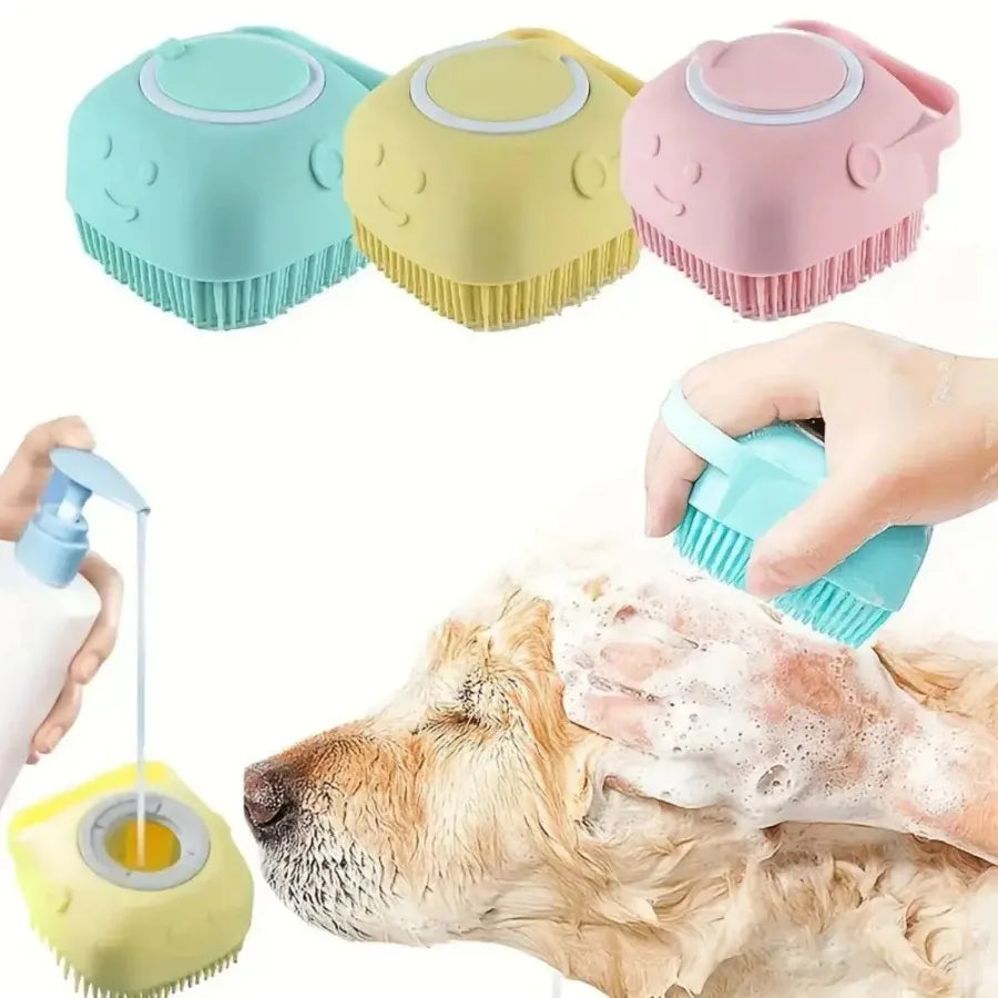 Dog Bath Brush with Shampoo Dispenser – Soft Grooming & Massage Brush for Dogs & Cats
