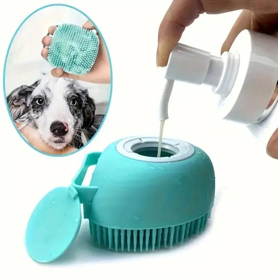 Dog Bath Brush with Shampoo Dispenser – Soft Grooming & Massage Brush for Dogs & Cats
